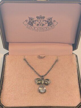 JUICY COUTURE Silver Tone Pave Bow Small Drop Necklace